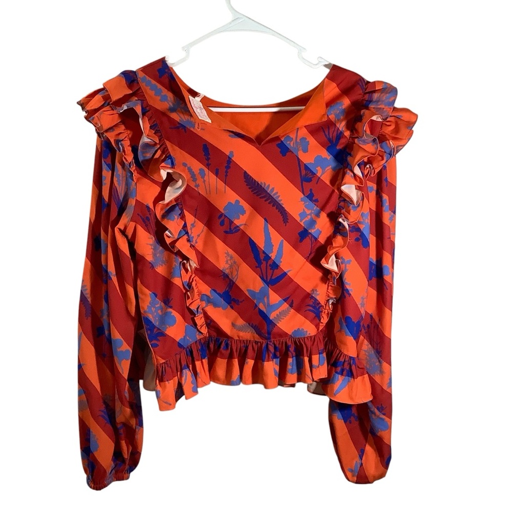 Siddhartha Bansal Anthropologie Floral Ruffled Mansard Blouse Long Sleeve